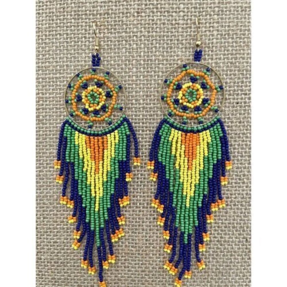 Handmade Miyuki Seed-Bead Fringe Dangling Earrings Dream Catcher Multi NWT